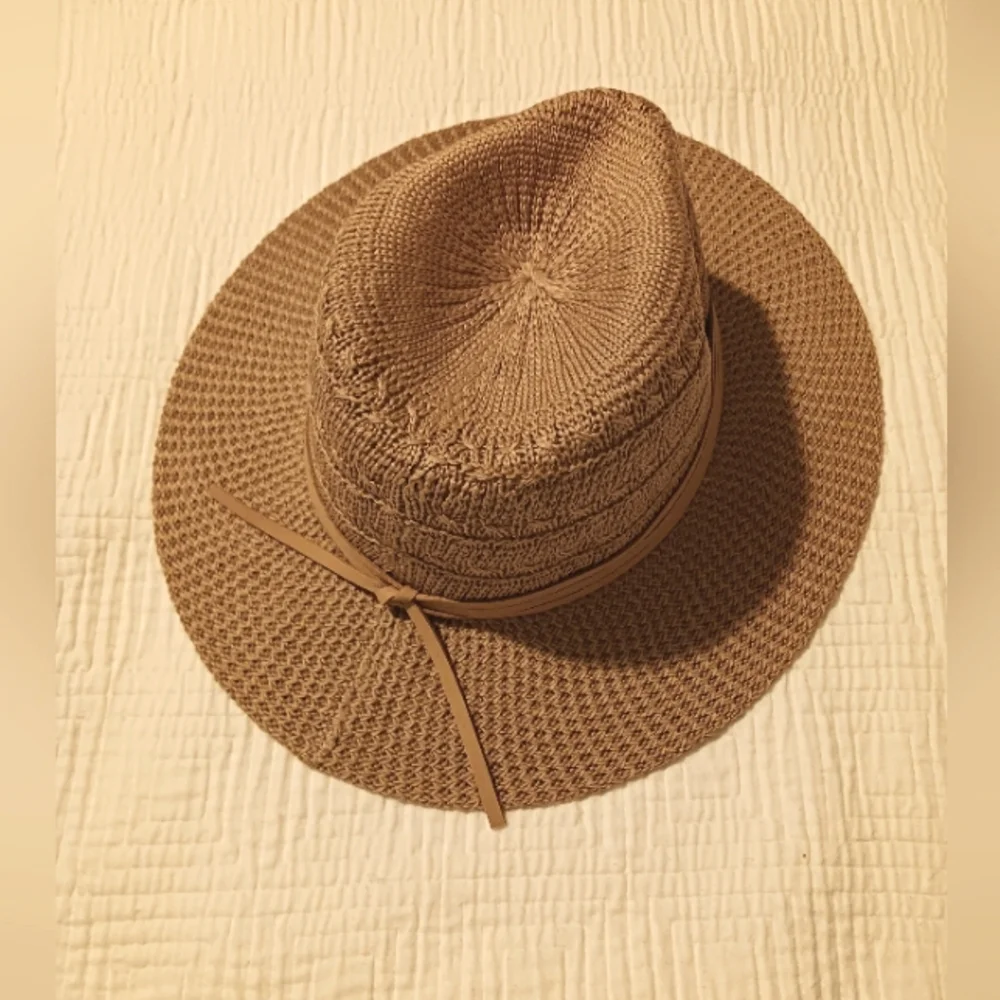 Straw Tan Boho Cowboy Summer Hat With Leather Tie Strings Osfa - Picture 8 of 8
